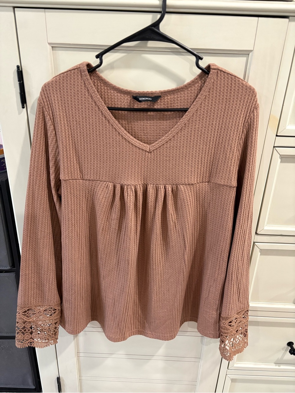 Waffle Knit Top with Lace Cuffs